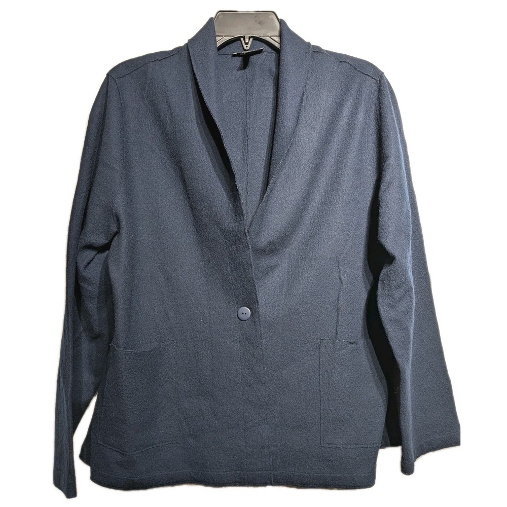 Eileen Fisher Blazer Jacket Womens XL Navy 100% Wool Single Button Pockets EUC